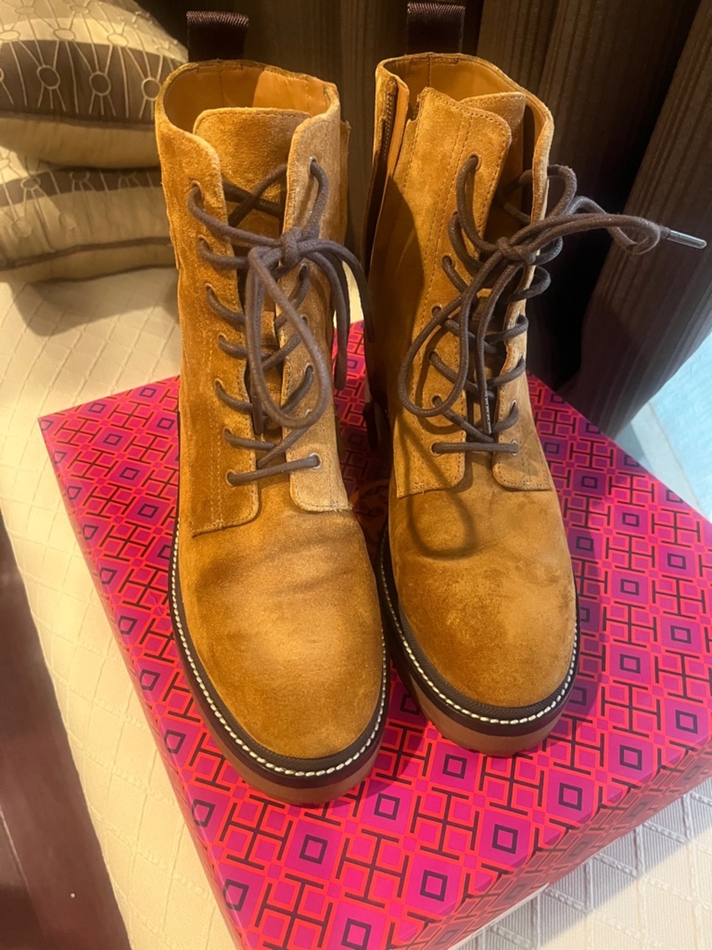 Tory Burch Chestnut Suede Lace-Up Platform Boots - Picture 2 of 4